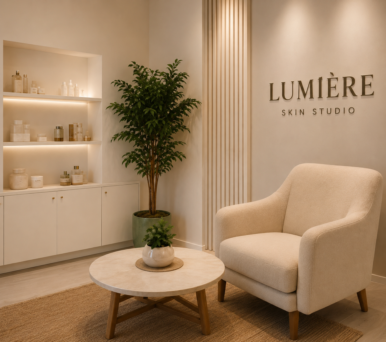 Calm reception space at Lumière Skin Studio